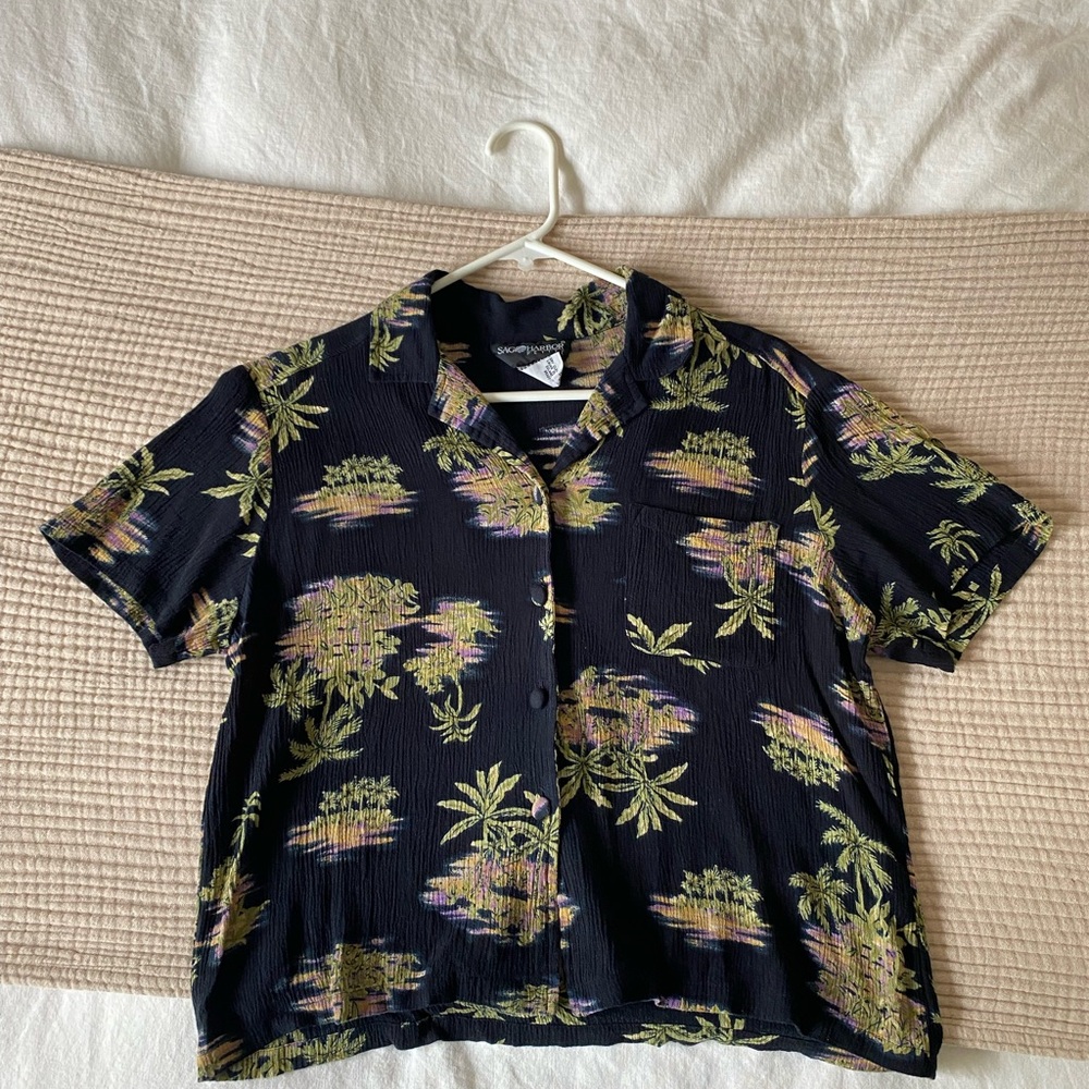 Vintage Black Tropical Print Button-Up Shirt